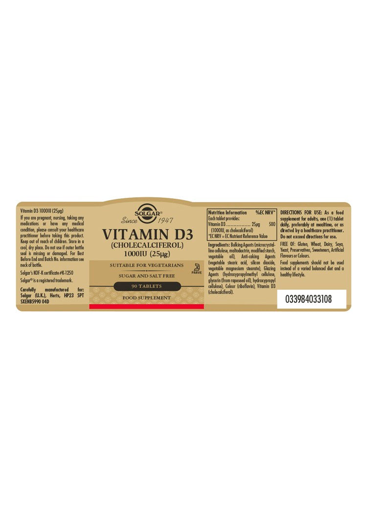 Solgar® Vitamin D3 (Cholecalciferol) 1000 IU (25 µg) Tablets - Pack of 90