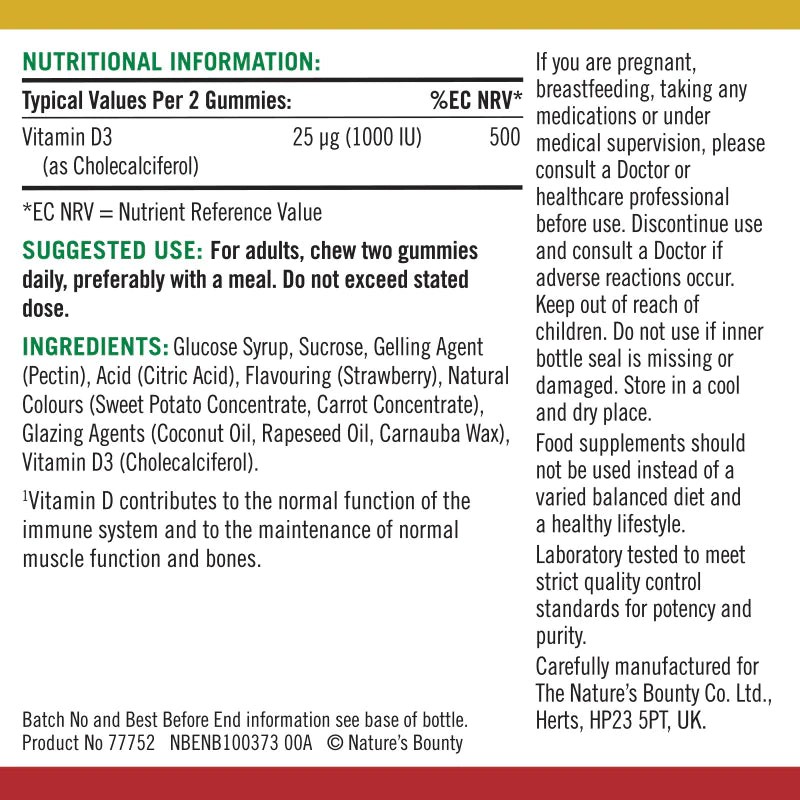 Natures Bounty Vitamin D3 Gummies D3 1000 IU - Pack of 60